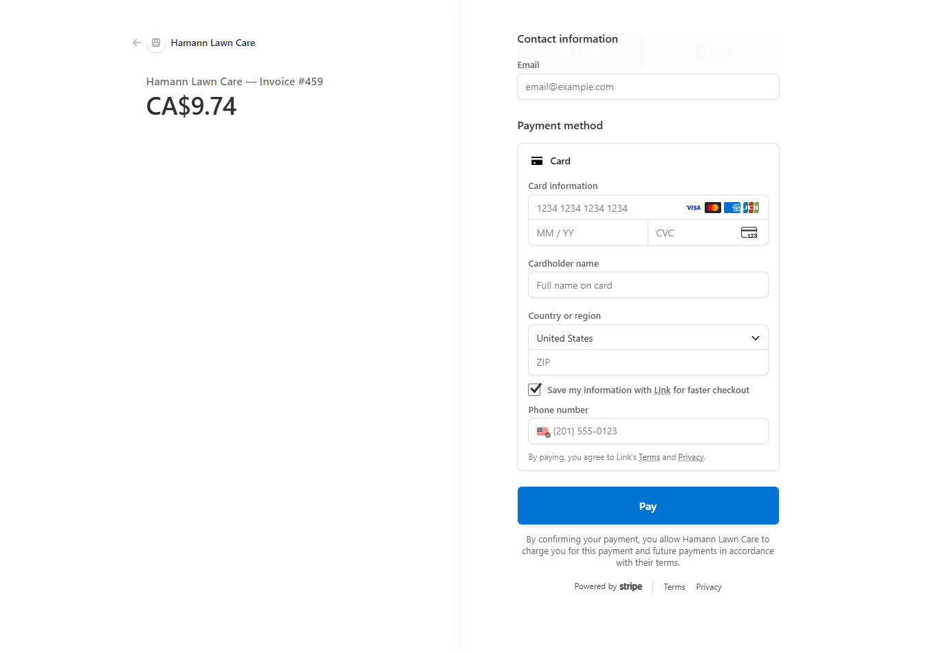Stripe checkout page showing Hamann Lawn Care — Invoice #459 for CA$9.74, with card payment fields and a Pay button